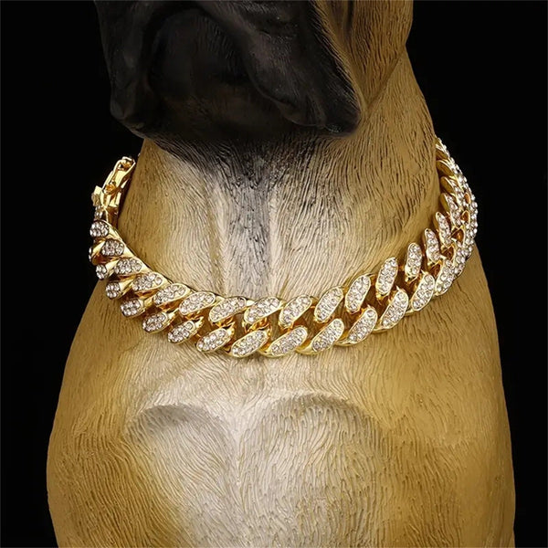 Dog Necklace Cat Accessory Faux Diamonds Golden Chain