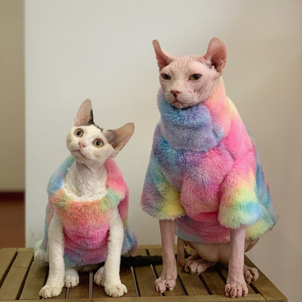 Sphynx Cat Coat Faux Fur Tie Dye Pullover Highneck Sleevless Wear Devon Rex Clothes