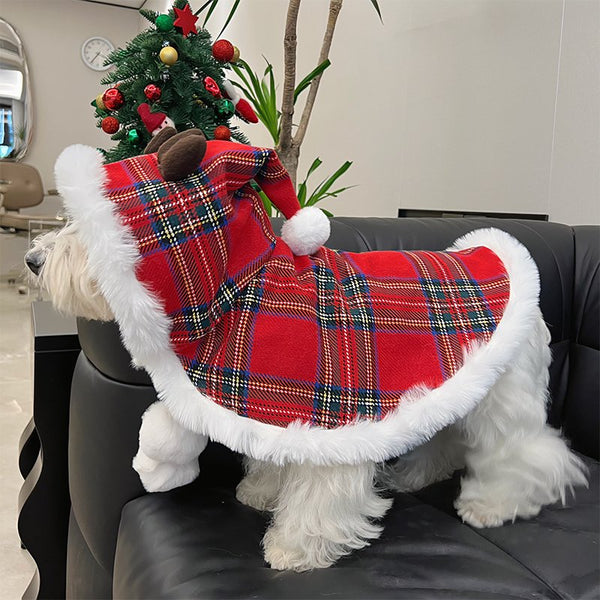 Dog Clothes Fleece Cloak Tartan Christmas Coat with Hat