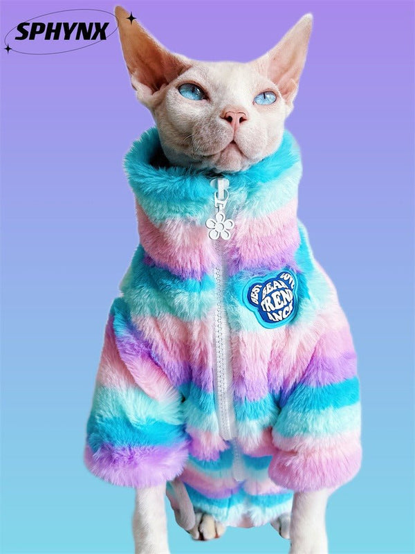 Faux Fur Zip Coat Rainbow Jacket Sphynx Cat Clothes