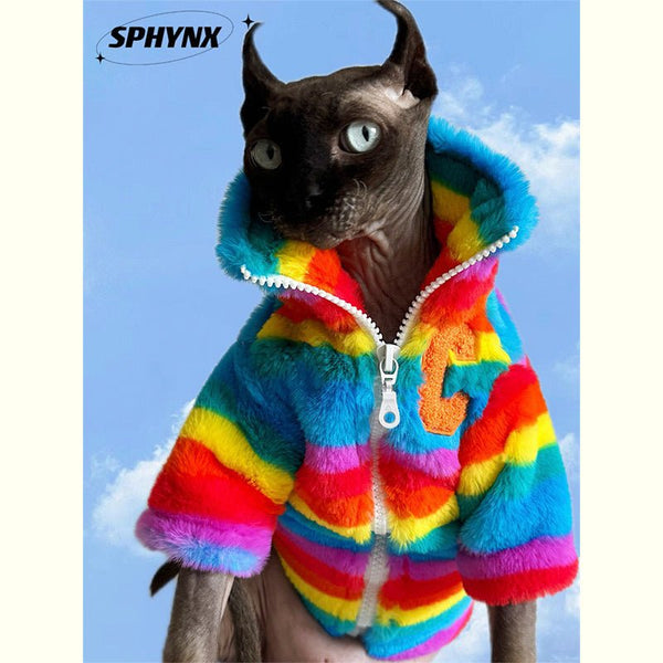 Faux Fur Zip Coat Rainbow Jacket Sphynx Cat Clothes