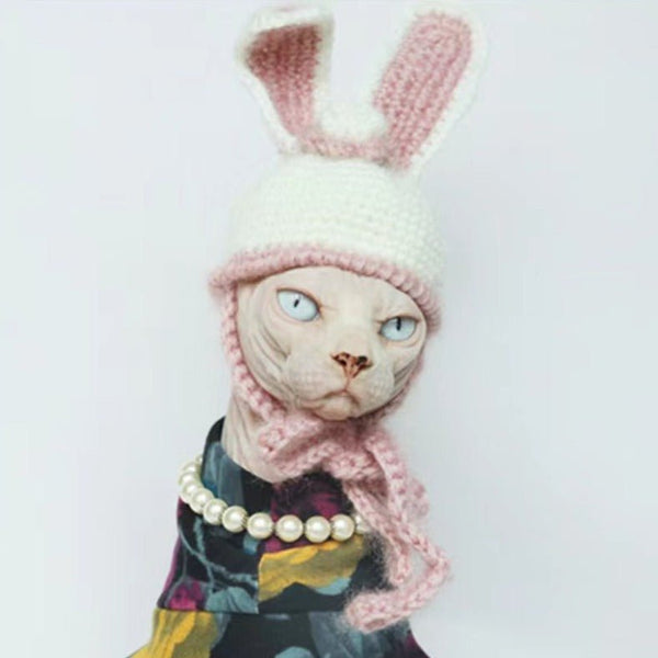 Hand Made Knitted Rabbit Ears Cat Hat