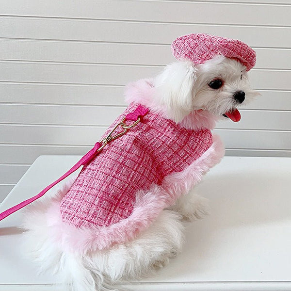 Luxury Chanel Tweed Faux Fur Cape Cloak Coat with Leashes Dog Clothes