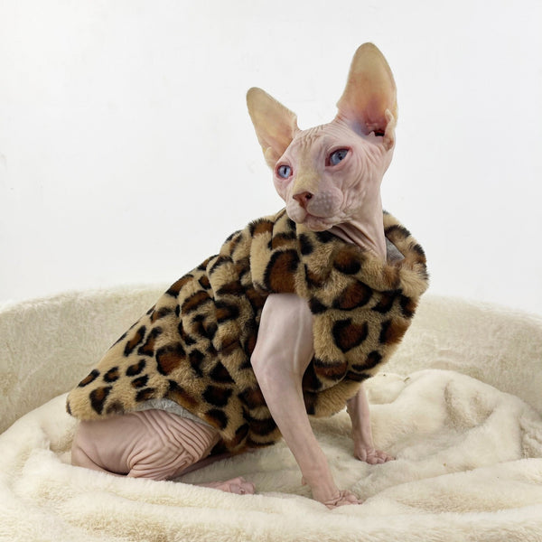 Sphynx Cat Clothes Faux Fur Leopard Print Coat Vest