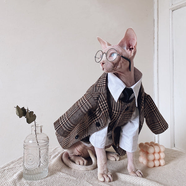 Sphynx Cat Clothes Plaid Suit Tie