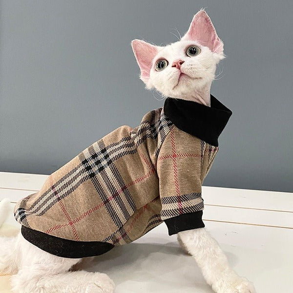 Sphynx Cat Clothes Plaid Turtleneck Pullover Shirts