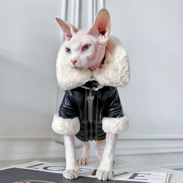 Sphynx Cat Clothes Plush Leather Jacket Coat